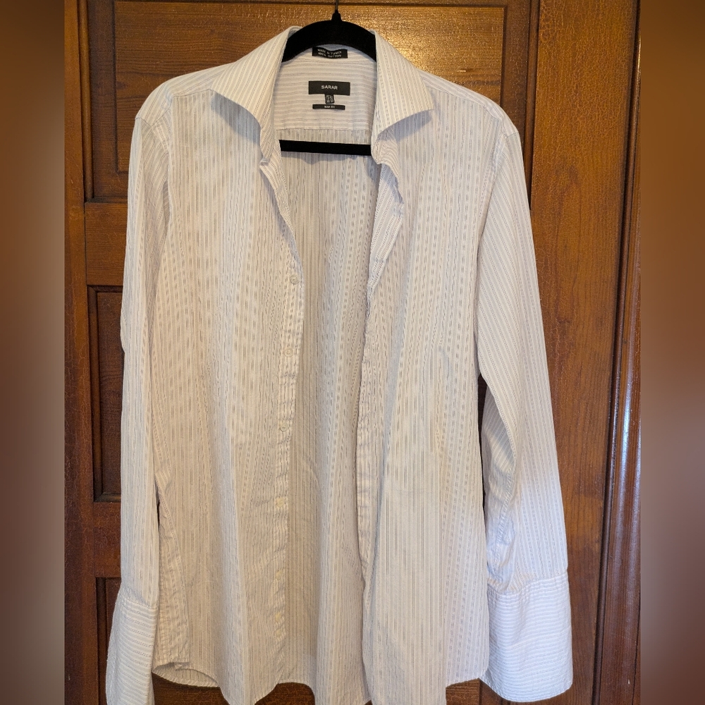 Sarar White Striped Button Down Shirt Slim Fit French Cuff, 15.5, 32/33